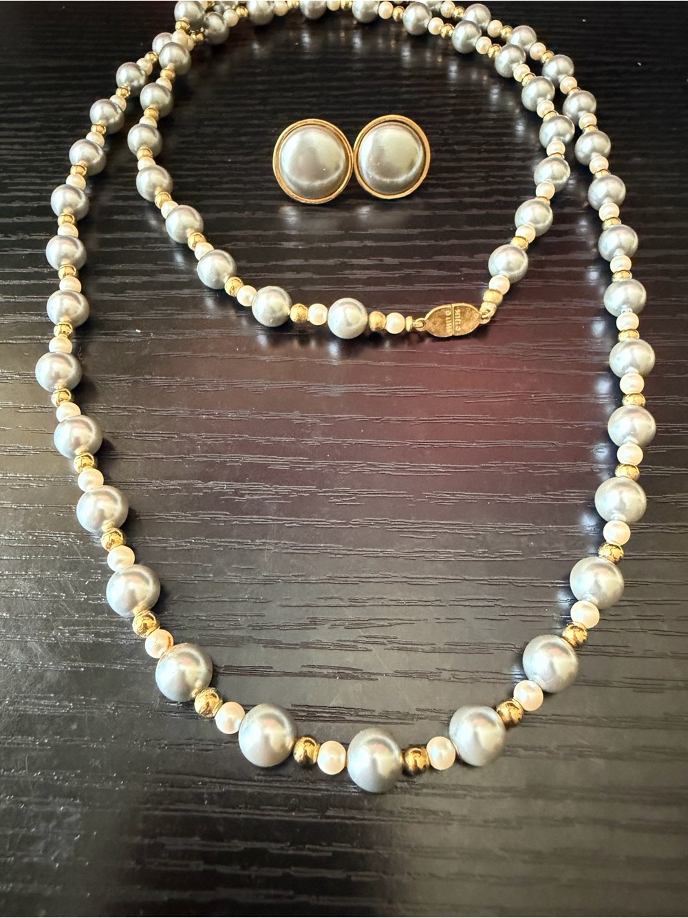 Vintage Monet Gold Accent Gray Pearl Necklace and Earrings Set